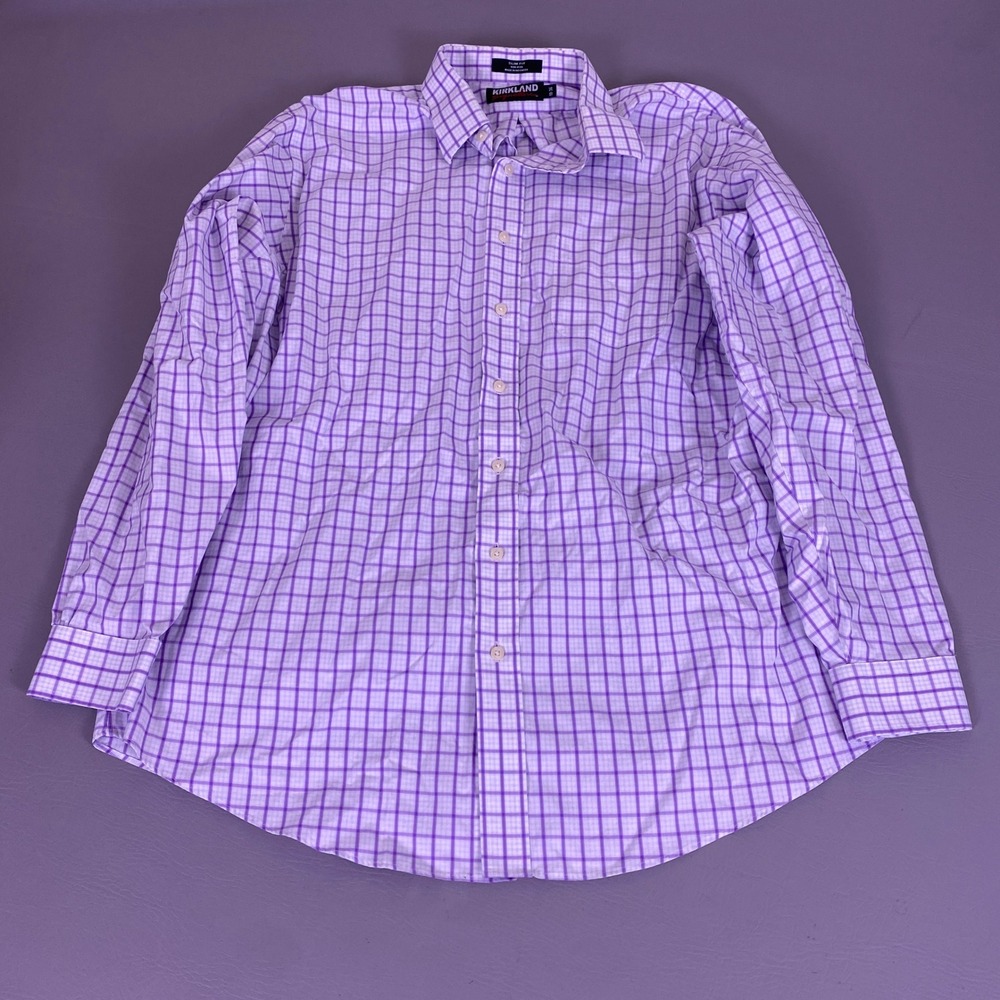 Kirkland Signature Non-Iron Dress Shirt Men's 18-36 Slim Fit Purple White Plaid